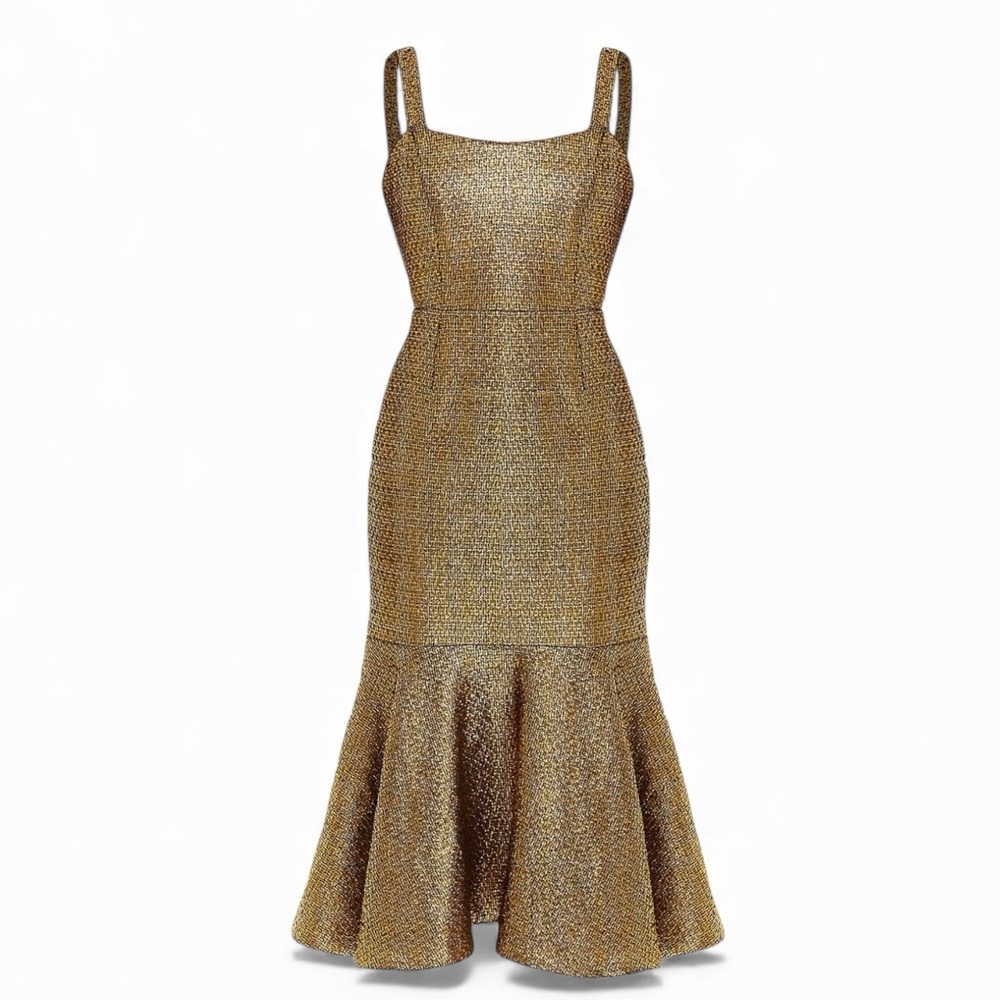 Mestiza New York Gold Tweed Dress Size 4 Flutter‎ Hem Midi Tea Length